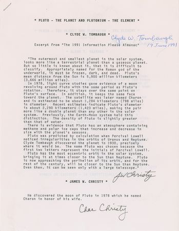 Lot #340 Clyde W. Tombaugh, James W. Christy, and Glenn T. Seaborg Signed Typescript - Image 1