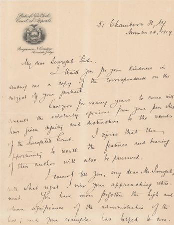Lot #240 Benjamin Cardozo: Handwritten letter by Cardozo honoring a colleague: 