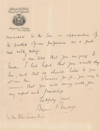 Lot #240 Benjamin Cardozo: Handwritten letter by Cardozo honoring a colleague: 