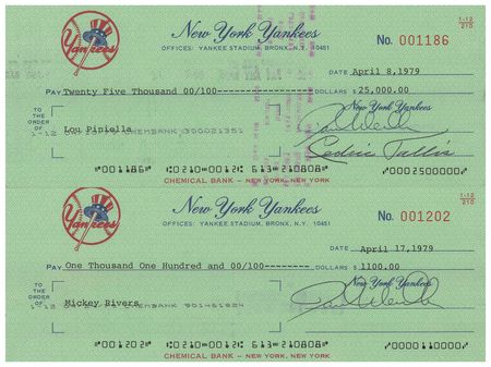 Lot #982 Lou Piniella and Mickey Rivers Signed Payroll Checks - Image 1