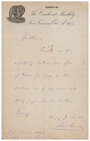 Lot #563 Bret Harte: Harte declines a $4,000 salary—