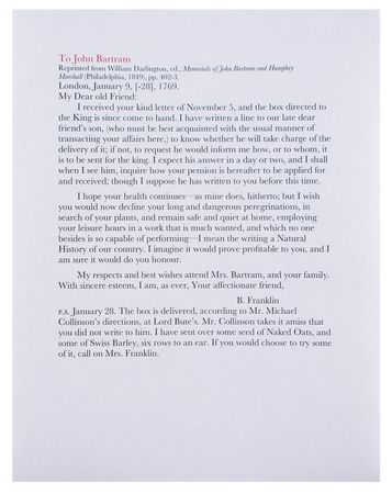 Lot #171 Benjamin Franklin: Franklin writes to America's first great botanist: 