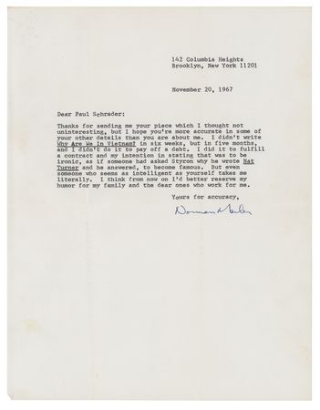 Lot #569 Norman Mailer: Norman Mailer to the future Raging Bull screenwriter: 