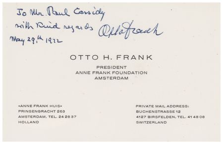Lot #264. Otto Frank Signed Business Card
