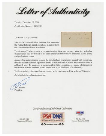 Lot #629 Gilbert and Sullivan Signature and Autograph Quotation Signed - Image 5