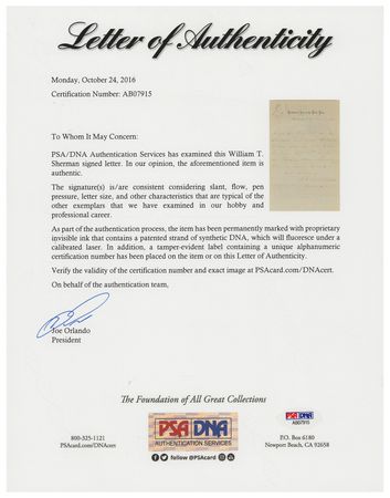 Lot #396 William T. Sherman: Gen. Sherman to U. S. Grant: 