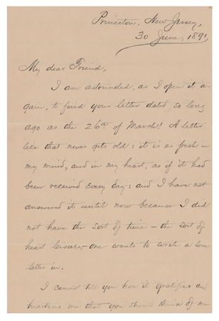Lot #36 Woodrow Wilson: In an early handwritten letter from his first year at Princeton, Prof. Wilson admits to 