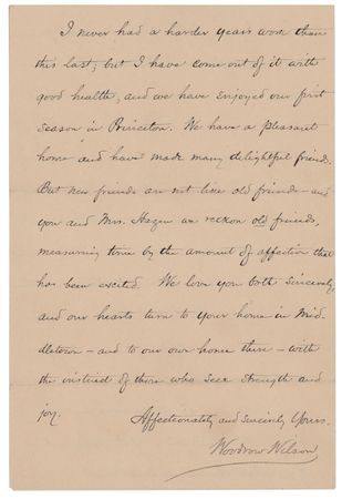 Lot #36 Woodrow Wilson: In an early handwritten letter from his first year at Princeton, Prof. Wilson admits to 