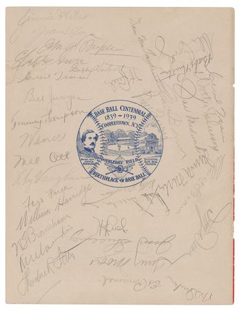 Lot #888 Babe Ruth, Walter Johnson, and Hall of Famers 1939 Cooperstown Centennial Multi-Signed Program Cover: One-of-a-kind 1939 Cooperstown program cover signed by Babe Ruth, Walter Johnson, and a dozen fellow HOFers - Image 1