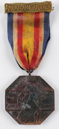 Lot #1011 St. Louis 1904 Olympics Official's Participation Medal/Badge: Exceptionally rare 1904 St. Louis official's participation medal, with elusive ribbon and 