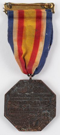 Lot #1011 St. Louis 1904 Olympics Official's Participation Medal/Badge: Exceptionally rare 1904 St. Louis official's participation medal, with elusive ribbon and 