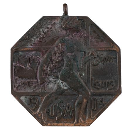 Lot #1011 St. Louis 1904 Olympics Official's Participation Medal/Badge: Exceptionally rare 1904 St. Louis official's participation medal, with elusive ribbon and 