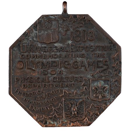 Lot #1011 St. Louis 1904 Olympics Official's Participation Medal/Badge: Exceptionally rare 1904 St. Louis official's participation medal, with elusive ribbon and 