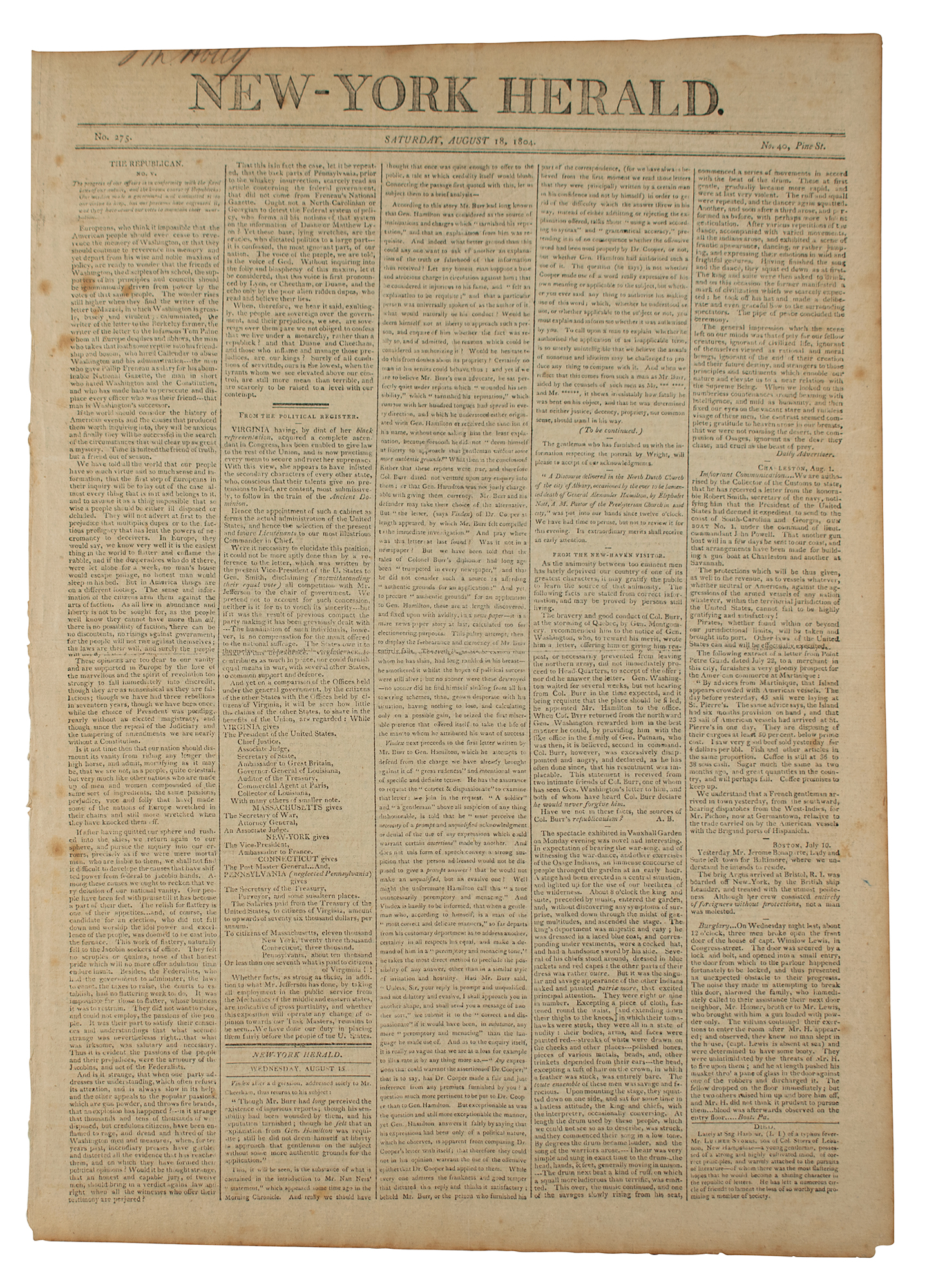 Alexander Hamilton and Aaron Burr Duel: New-York Herald Newspaper