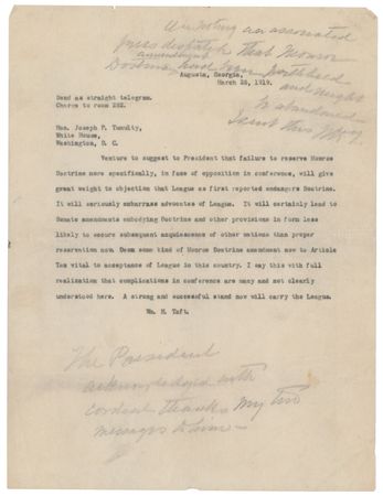 Lot #35 William H. Taft Correspondence Lot to Woodrow Wilson: (2) Typed Letters with Handwritten Notes and a Typed Memorandum - Image 2