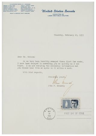 Lot #49 John F. Kennedy: JFK writes one month after taking his Senate seat: 