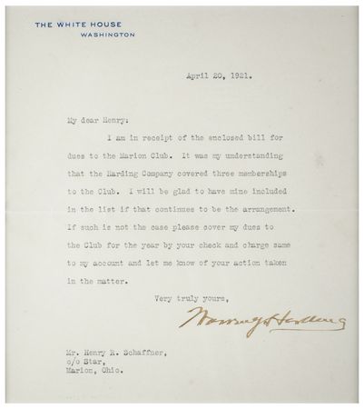 Lot #38 Warren G. Harding Typed Letter Signed as President and Signed Check - Image 2