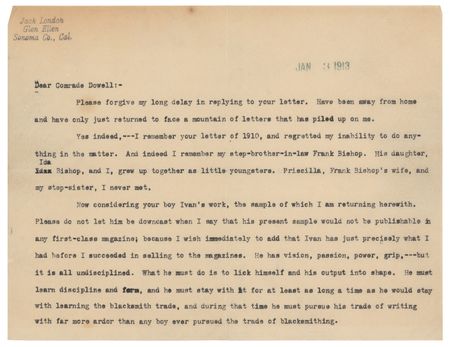 Lot #476 Jack London: Advice to the father of an aspiring writer: 