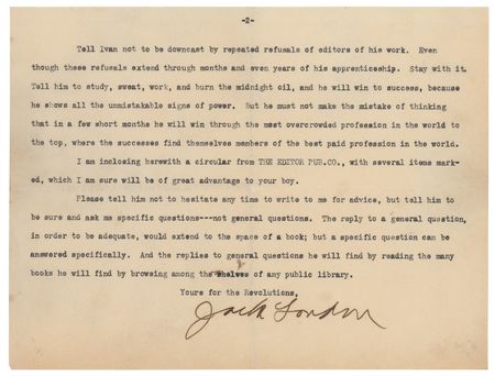 Lot #476 Jack London: Advice to the father of an aspiring writer: 