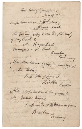 Lot #152 P. T. Barnum: Learning new show-business tricks in Germany, Barnum promises: 