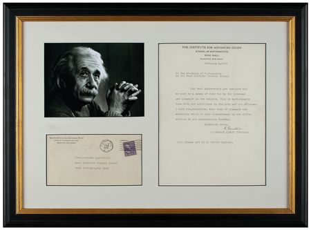 Lot #159 Albert Einstein: Critical of his own writing, Einstein forwards a letter of guidance to New York math students: 