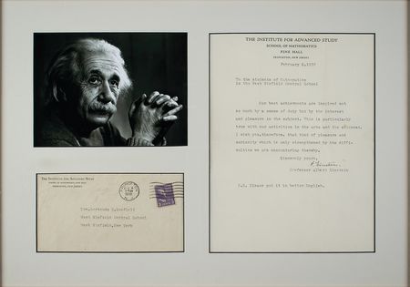 Lot #159 Albert Einstein: Critical of his own writing, Einstein forwards a letter of guidance to New York math students: 