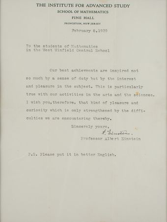 Lot #159 Albert Einstein: Critical of his own writing, Einstein forwards a letter of guidance to New York math students: 