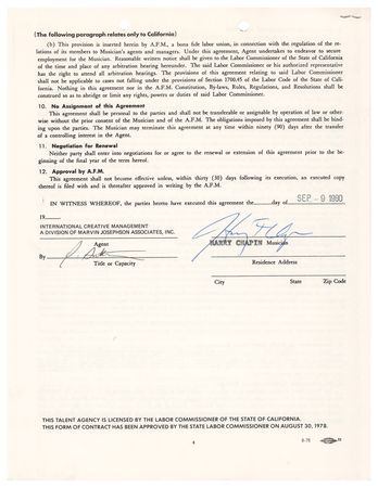 Lot #596 Harry Chapin Document Signed - Image 1