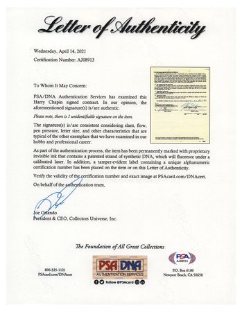 Lot #596 Harry Chapin Document Signed - Image 2