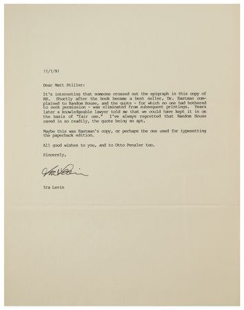 Lot #475 Ira Levin Signed Book and Typed Letter Signed - Image 4