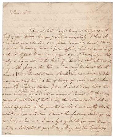 Lot #174 David Hume: Rare handwritten letter in which Hume comments on Parliamentary elections, the siege in Holland, and his idea 