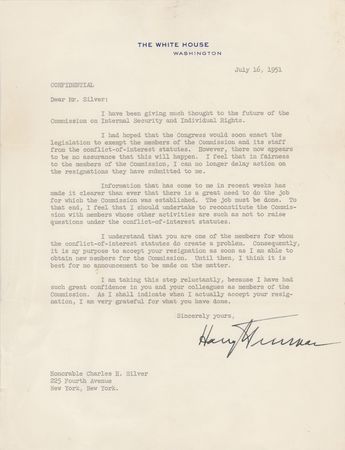 Lot #43 Harry S. Truman: Weighing national security against individual liberty during the Red Scare, President Truman opines on the 