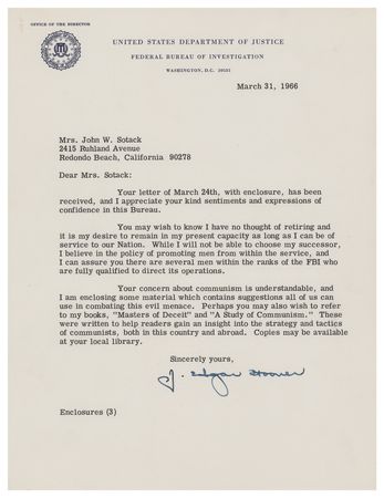 Lot #271 J. Edgar Hoover: Hoover replies to 