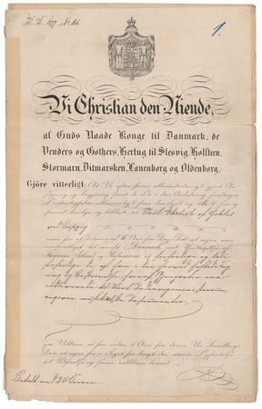 Lot #289 King Christian IX: The King of Denmark issues a patent for 