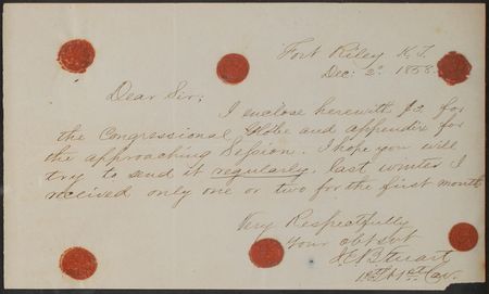 Lot #380 J. E. B. Stuart: Rare handwritten letter by J. E. B. Stuart from Fort Riley, requesting a subscription to the 