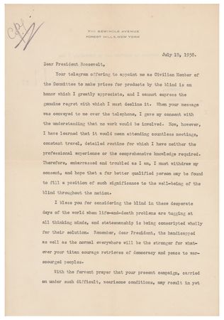 Lot #154 Helen Keller: Keller to FDR—