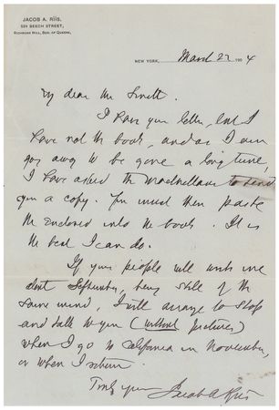 Lot #346 Jacob Riis Autograph Letter Signed - Image 1