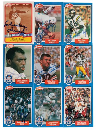 Lot #908 Football Hall of Famers (83) Signed Cards: Over 80 cards signed by HOFers, including Red Grange, Johnny Unitas, and Paul Brown - Image 1