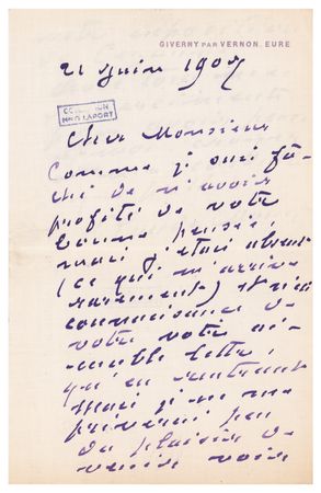 Lot #497 Claude Monet: Handwritten letter by Monet: 