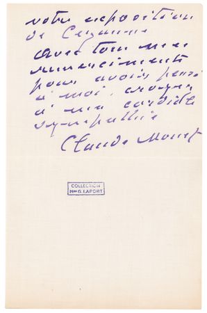 Lot #497 Claude Monet: Handwritten letter by Monet: 