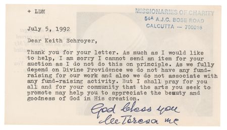 Lot #319 Mother Teresa Typed Letter Signed - Image 1