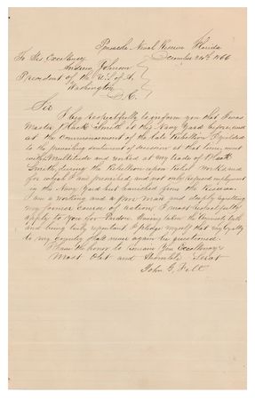 Lot #117 Andrew Johnson: President Johnson refers a rebel blacksmith's plea for pardon to the Secretary of the Navy: 