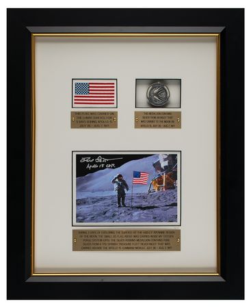 Lot #3377 Dave Scott's Apollo 15 Lunar Landed Flag and Lunar Orbited Metal Robbins Medallion Display - Image 1