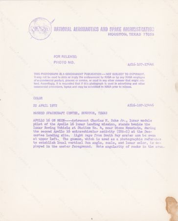 Lot #3416 Apollo 16: Charlie Duke Original Vintage NASA Photograph - Image 2