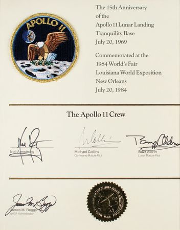 Lot #3205 Apollo 11 Signed 15th Anniversary Certificate - Image 1
