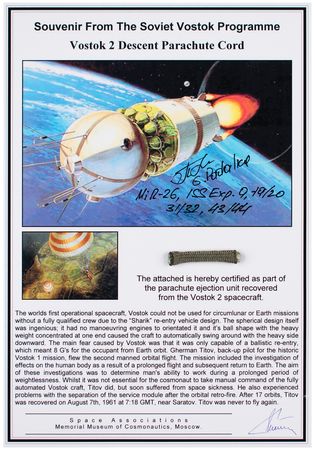 Lot #3590 Vostok 2 Flown Parachute Cord Section Display Signed by Gennady Padalka - Image 1