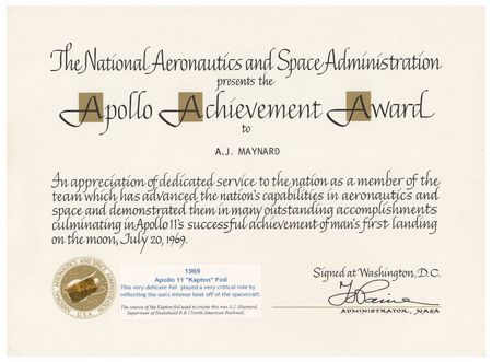 Lot #3212 Apollo 11 Flown Kapton Foil and Apollo Achievement Award: A. J. Maynard - Image 1