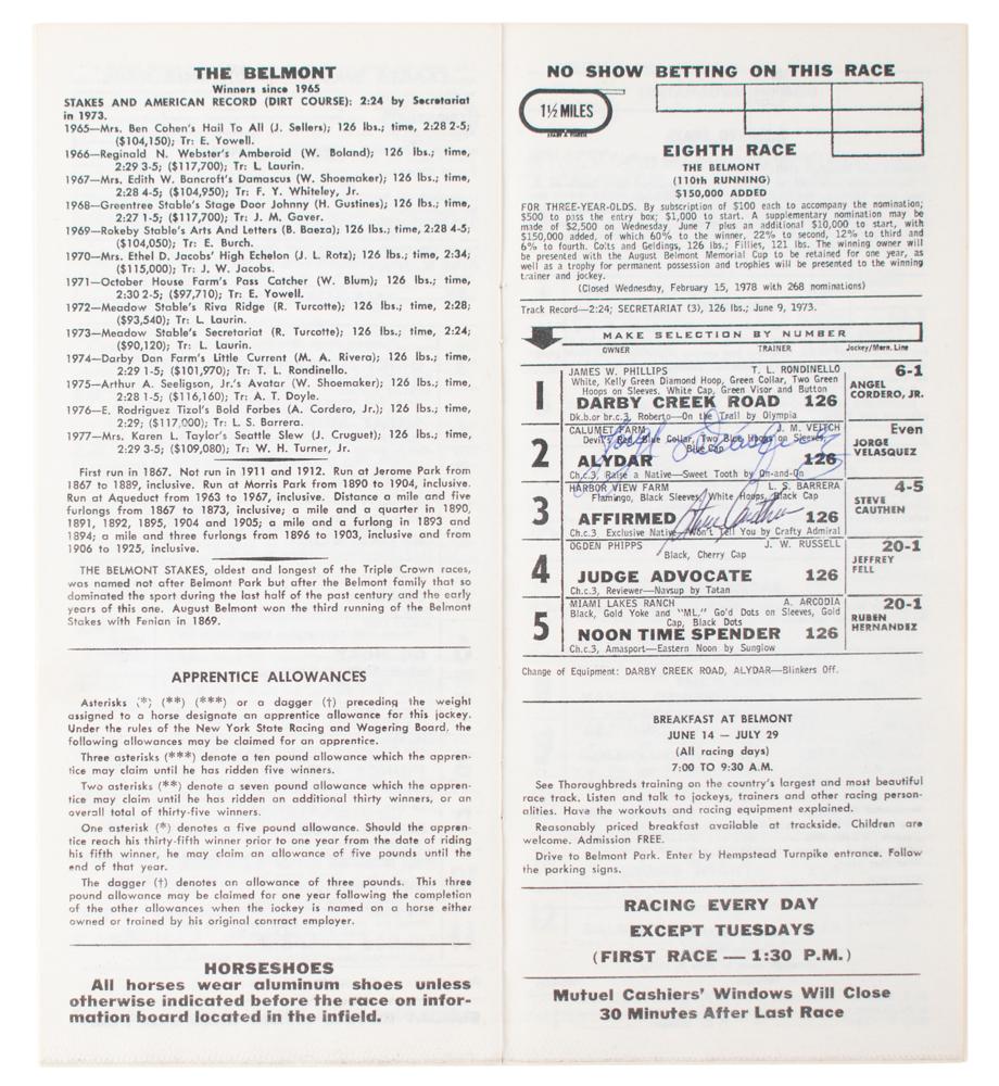 Horse Racing: 1978 Belmont Stakes Program Signed by the Jockeys of