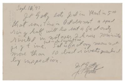 Lot #290 J. Paul Getty: Handwritten bet made by J. Paul Getty for the hasty riveting of 