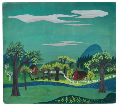 Lot #1028 Mary Blair original concept painting for The Legend of Sleepy Hollow: Lovely Blair landscape painting for Sleepy Hollow - Image 1